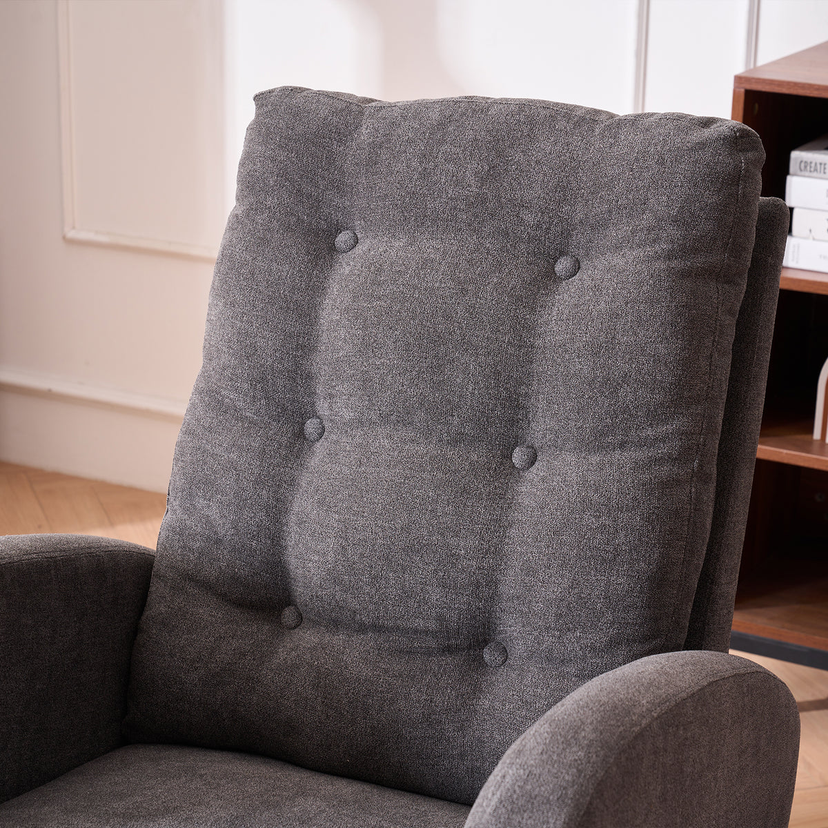 Gray Anthony & Home rocking chair with footrest, rubber wood frame, ideal for studio seating and relaxation.