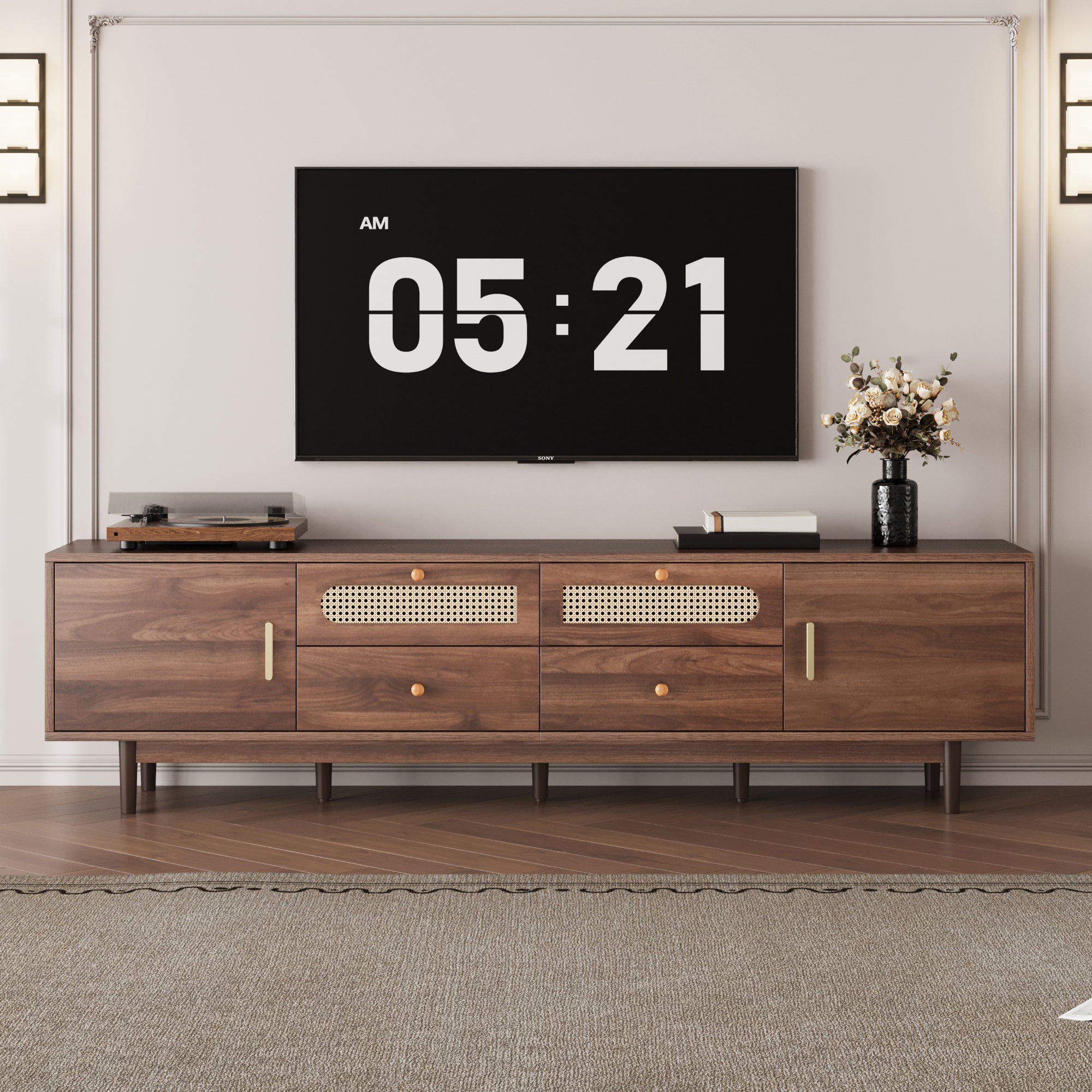 Dark brown pine wood entertainment center by Anthony & Home featuring storage compartments and a modern design.