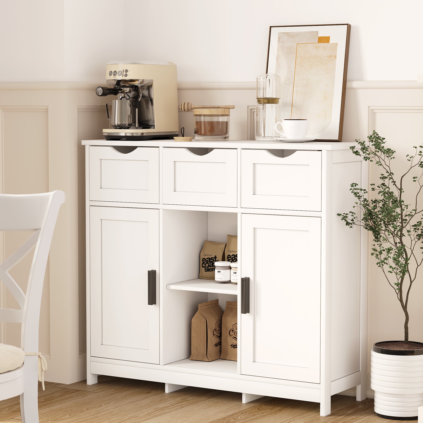 White Storage Cabinet With Drawers And Shelves For Home