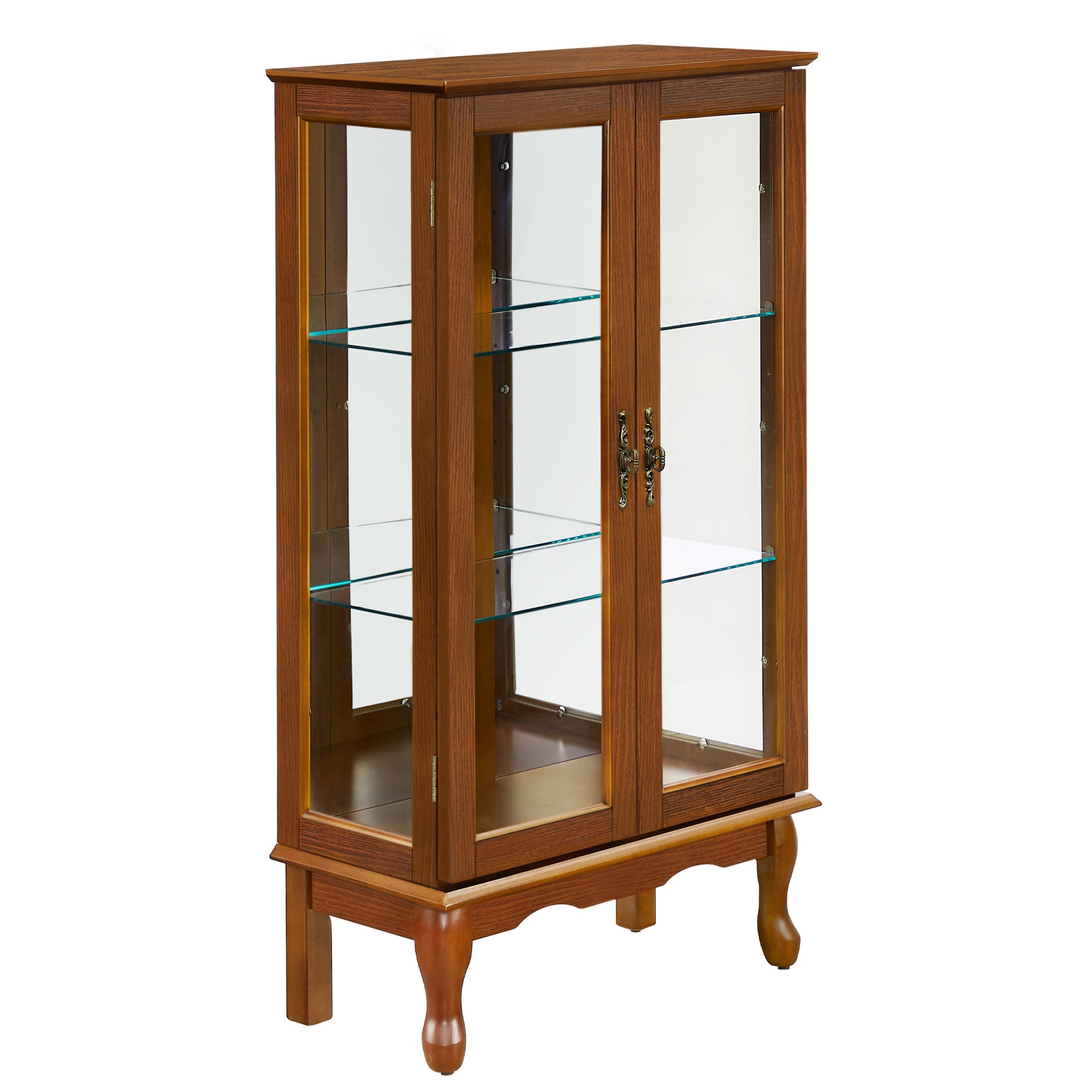 Oak finish lighted curio cabinet with mirrored back, showcasing glass shelves and display space from Anthony & Home.