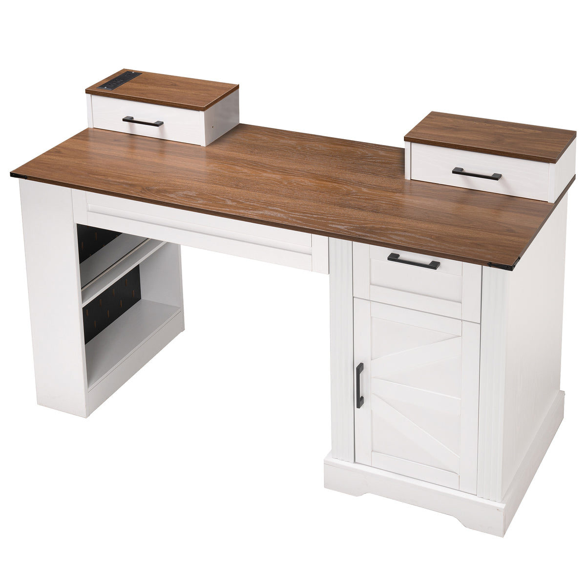Anthony & Home studio barn door desk with storage, charging station, and rustic wood finish for modern workspace organization.