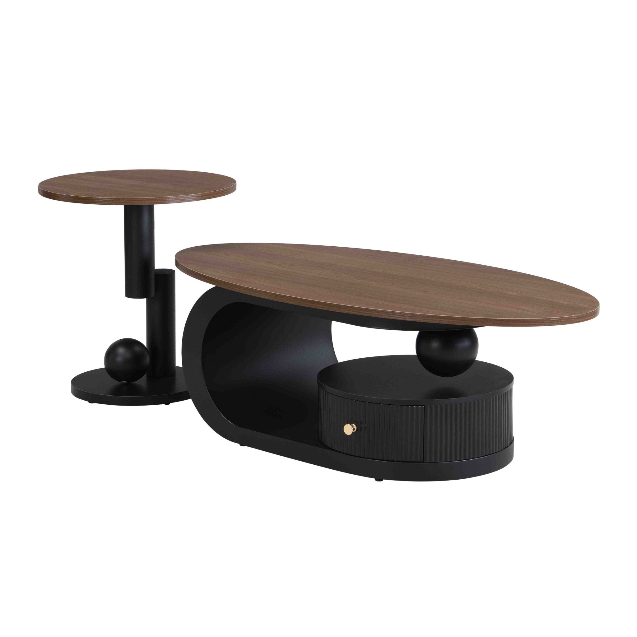 Anthony & Home black iron nesting coffee tables set with natural wood tones, two-piece modern living room furniture.