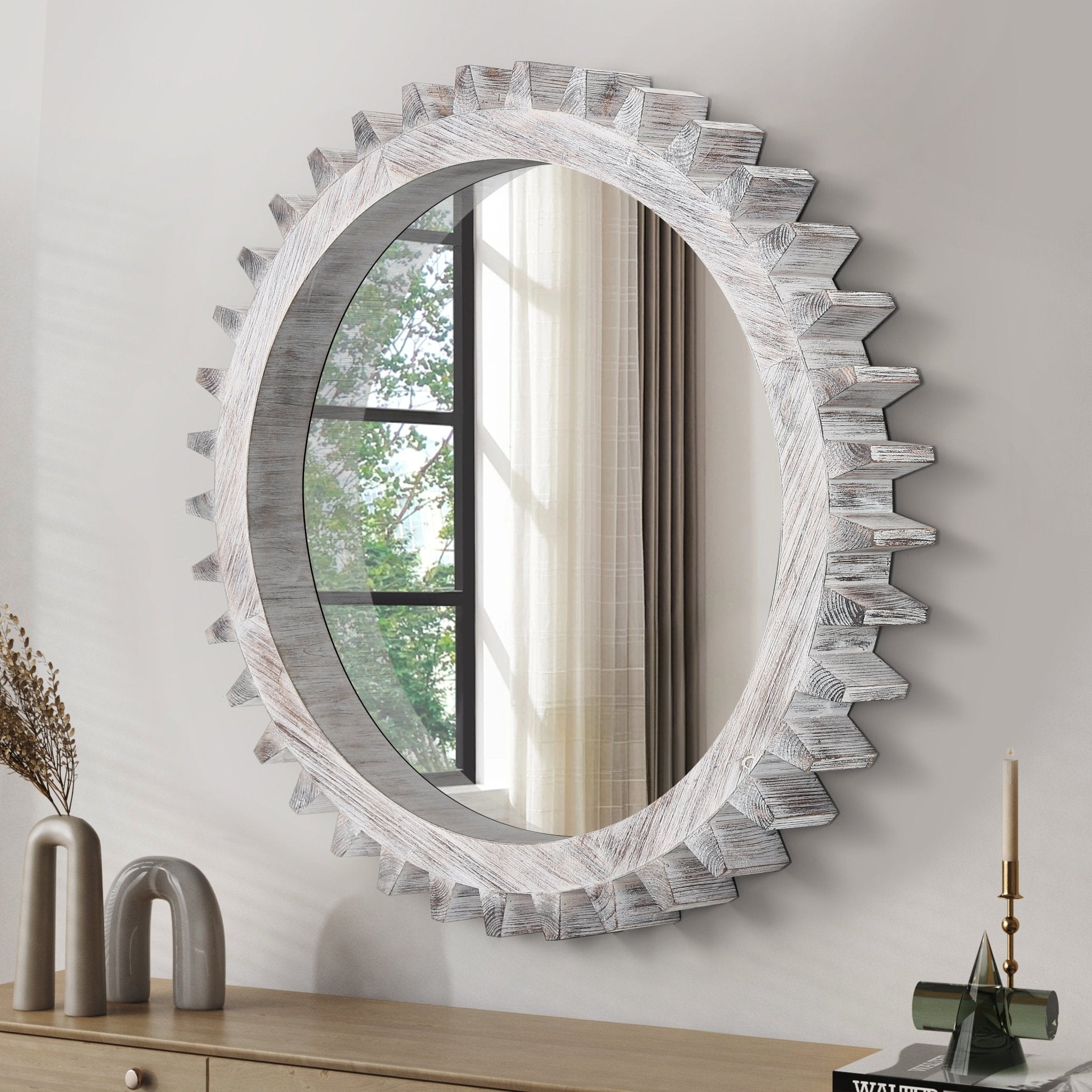 Heritage Round Gear Mirror by Anthony & Home with antique white washed finish, featuring a vintage gear-inspired round frame.