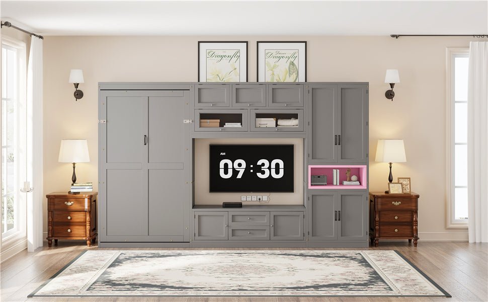 Gray solid wood Atelier Murphy Bed TV stand with built-in drawers from Anthony & Home, showcasing a modern and functional design.