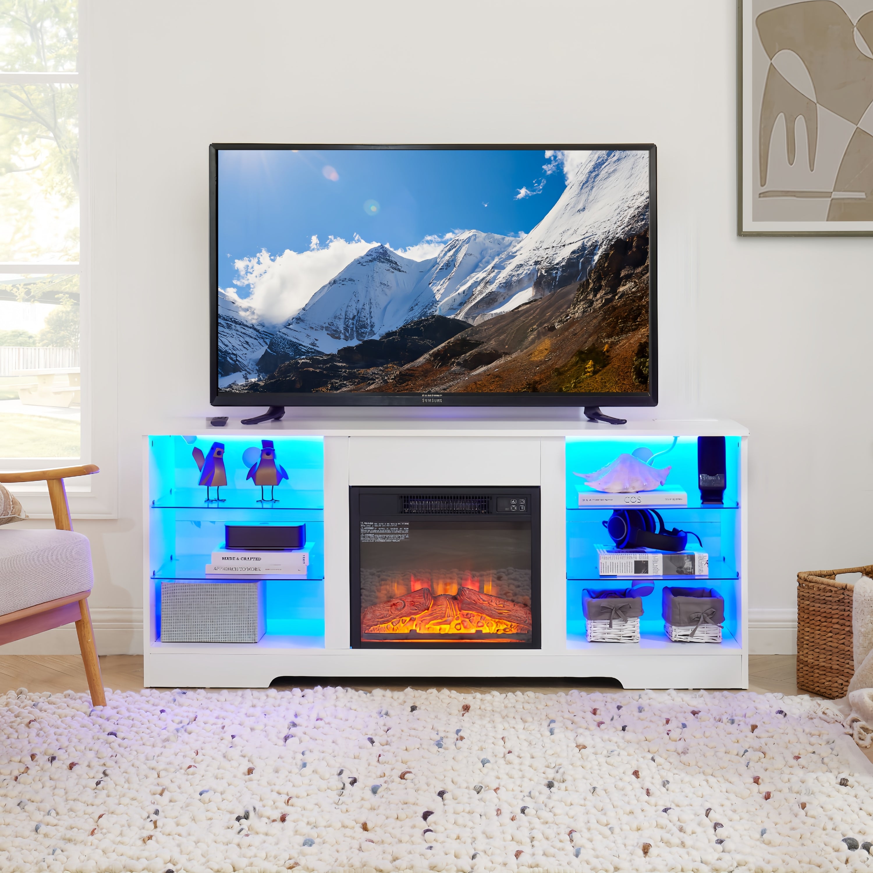 White MDF Limited Electric Fireplace TV Stand With Glass Shelves 3D Fireplace LED Lighting USB Outlet