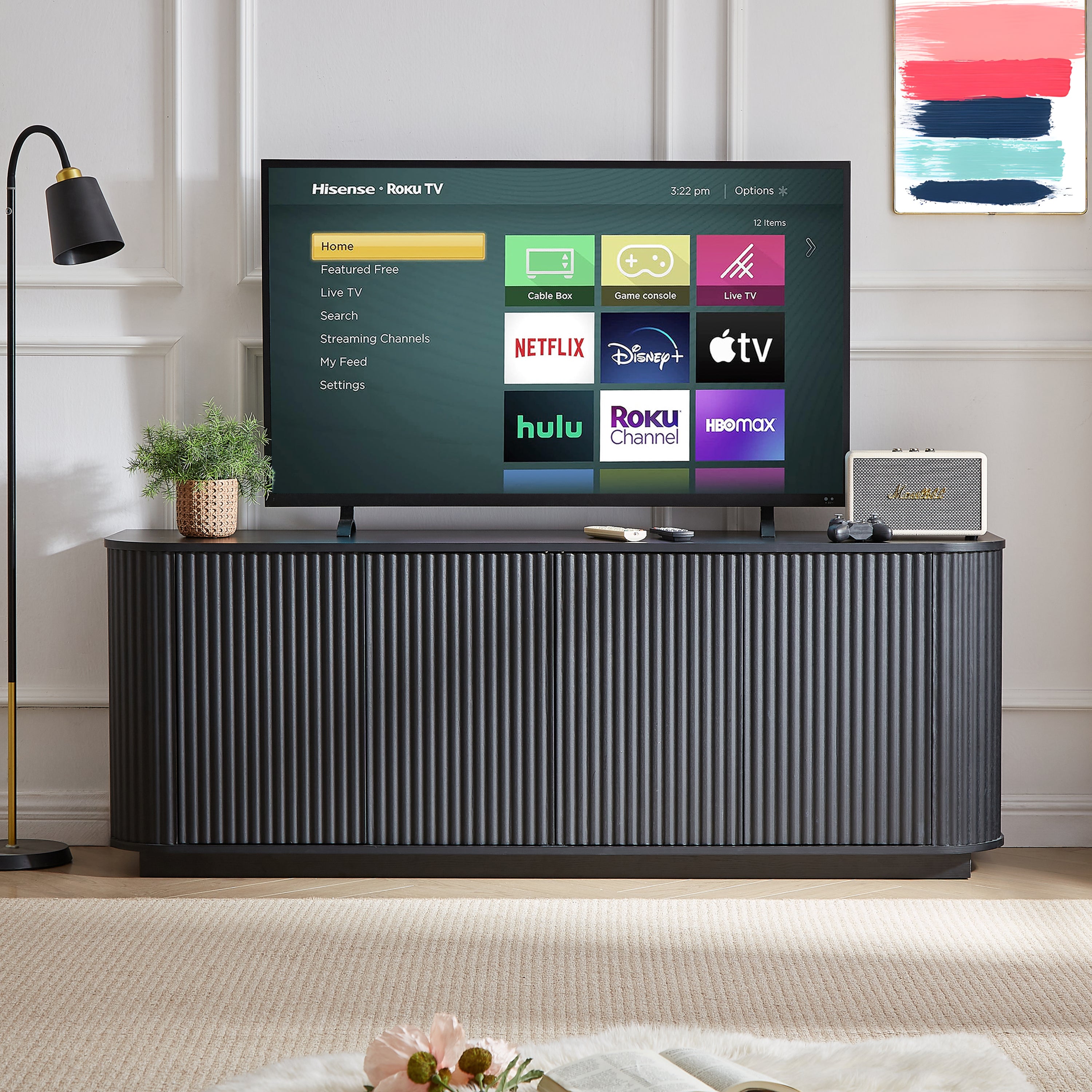 Black wood sideboard with wave pattern design, Anthony & Home TV stand with sleek, modern style and ample storage space.