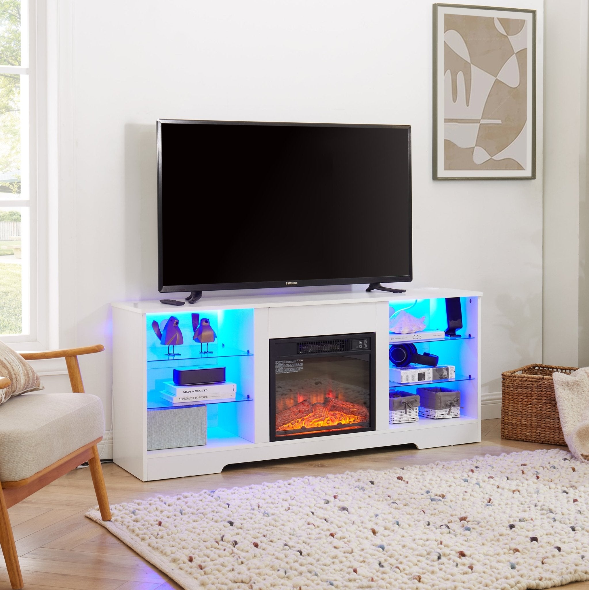 Electric fireplace TV stand by Anthony & Home with glass shelves, featuring a modern design and built-in electric fireplace.