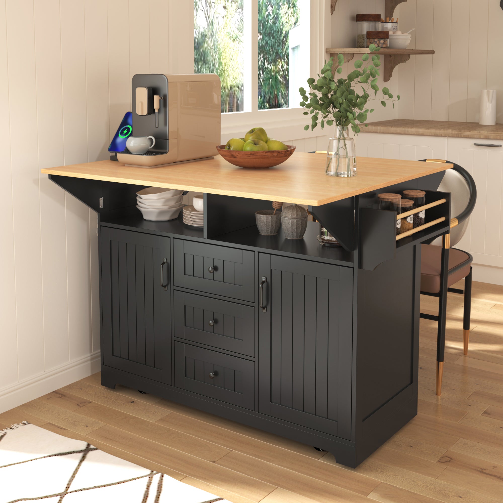Signature Edition Luxury MDF Kitchen Island Cart With Drop Leaves And Power Outlet
