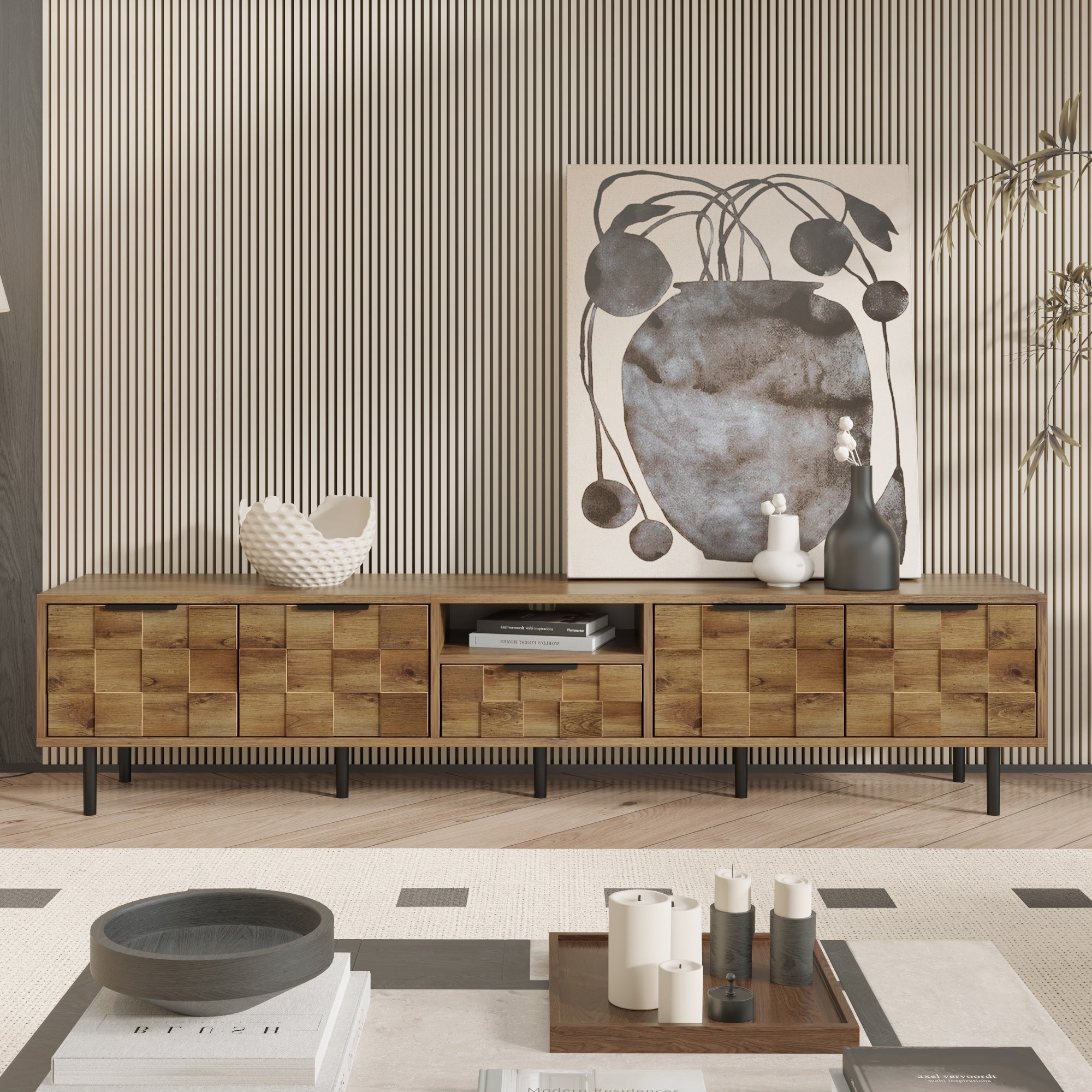 Anthony & Home Atelier natural wood 78-inch wide TV stand with storage, showcasing a sleek modern design and ample space for electronics.