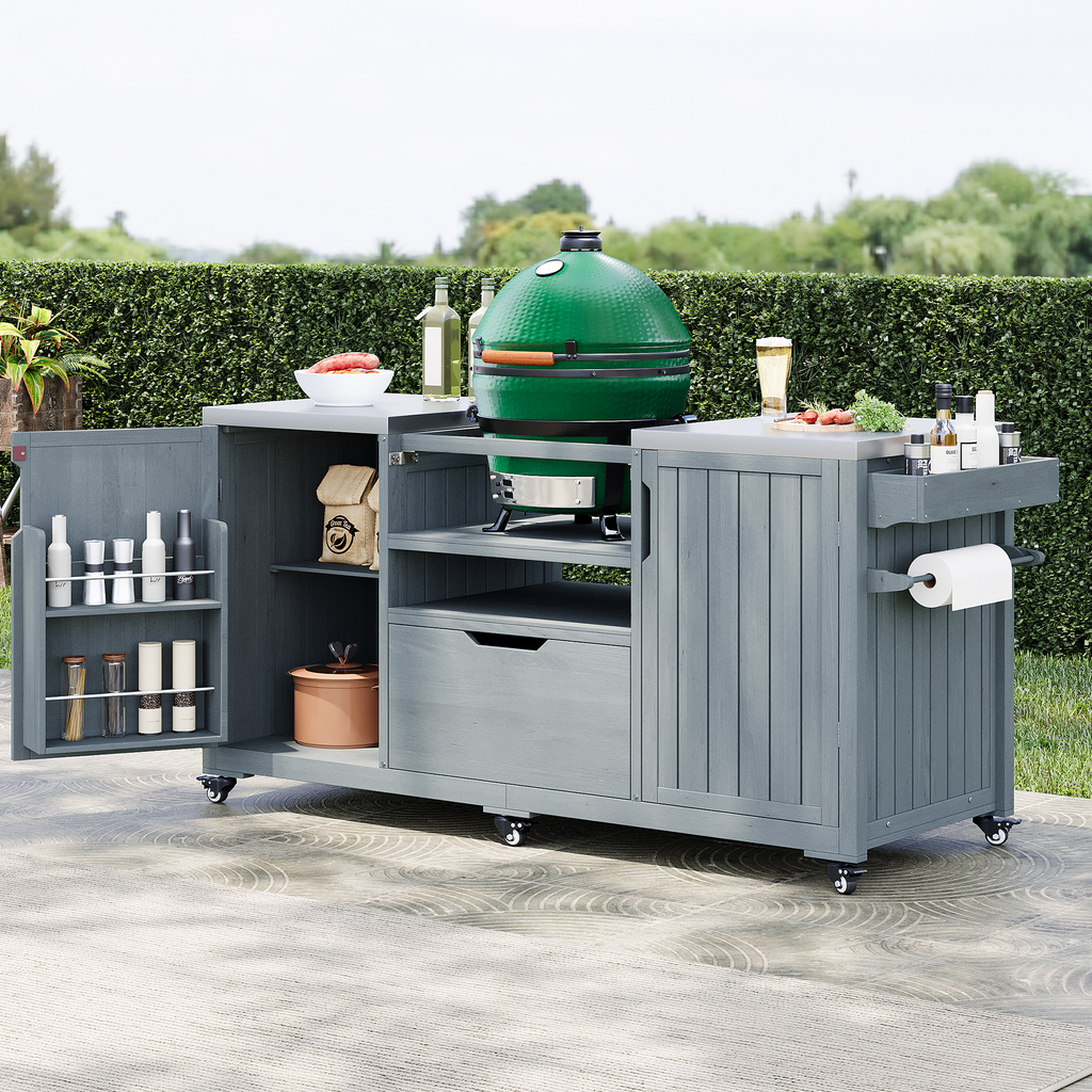 Solid wood outdoor kitchen island with storage and countertop for Big Green Egg, made by Anthony & Home.
