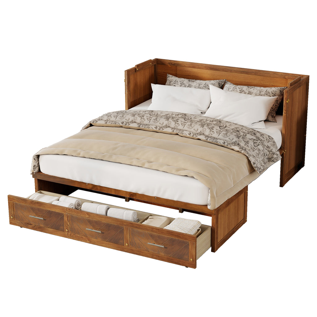Queen size Walnut Murphy cabinet bed with geometric panel and USB charging by Anthony & Home, featuring a stylish studio design.
