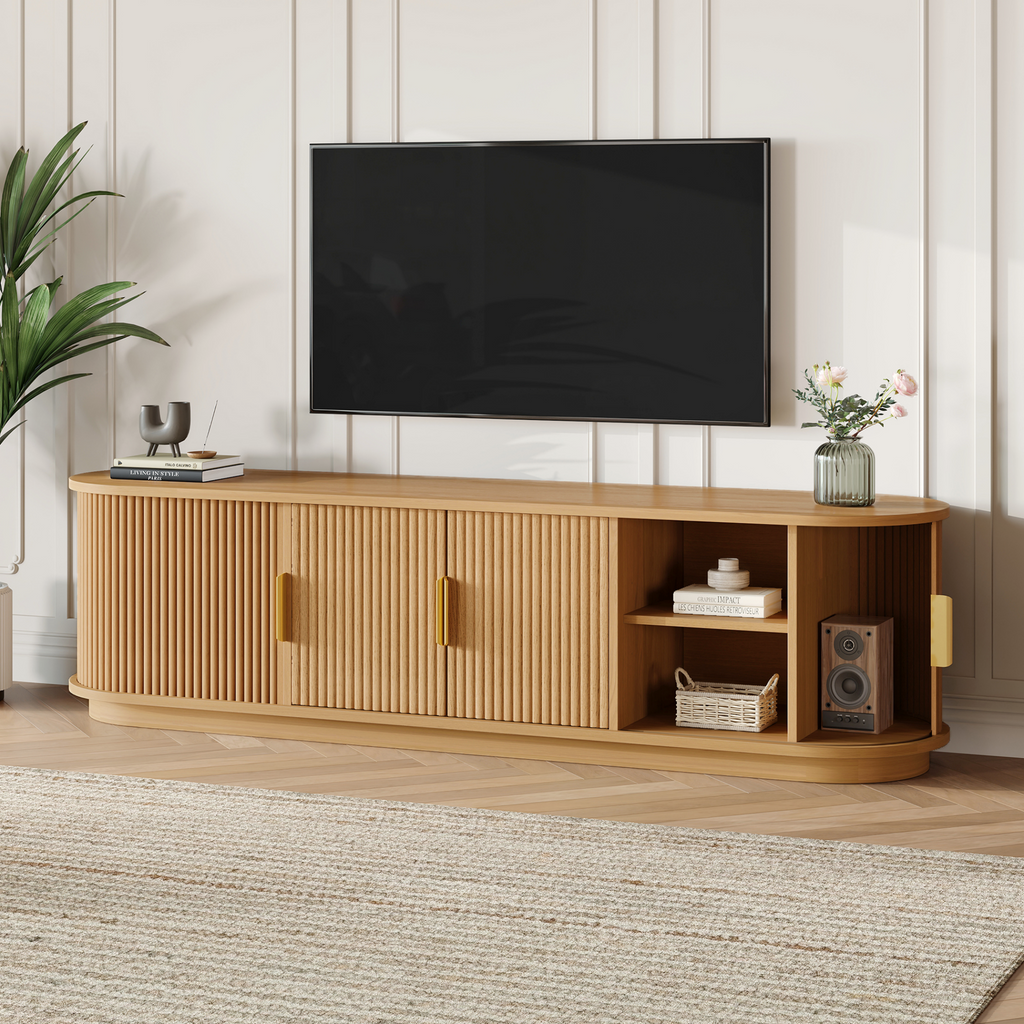 Timeless Natural Fluted Wood TV Stand With Sliding Tambour Doors And Golden Handle For Living Rooms