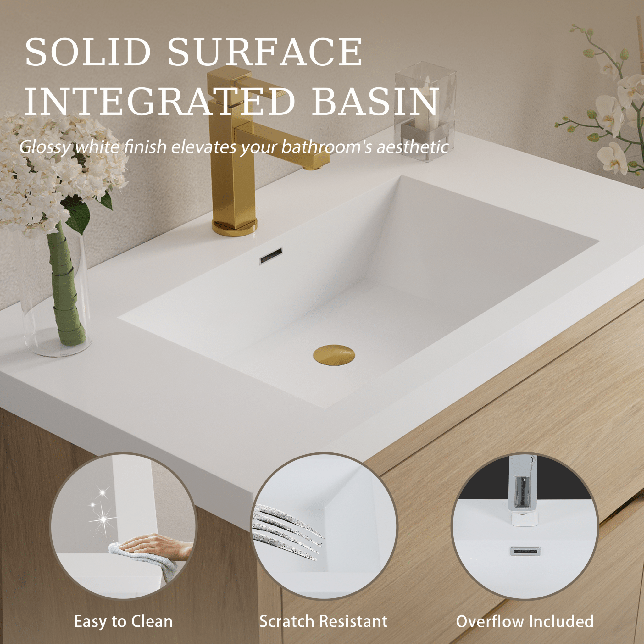 Natural oak wall-mounted vanity with stone resin countertop, showcasing sleek wood finish and modern bathroom storage design.