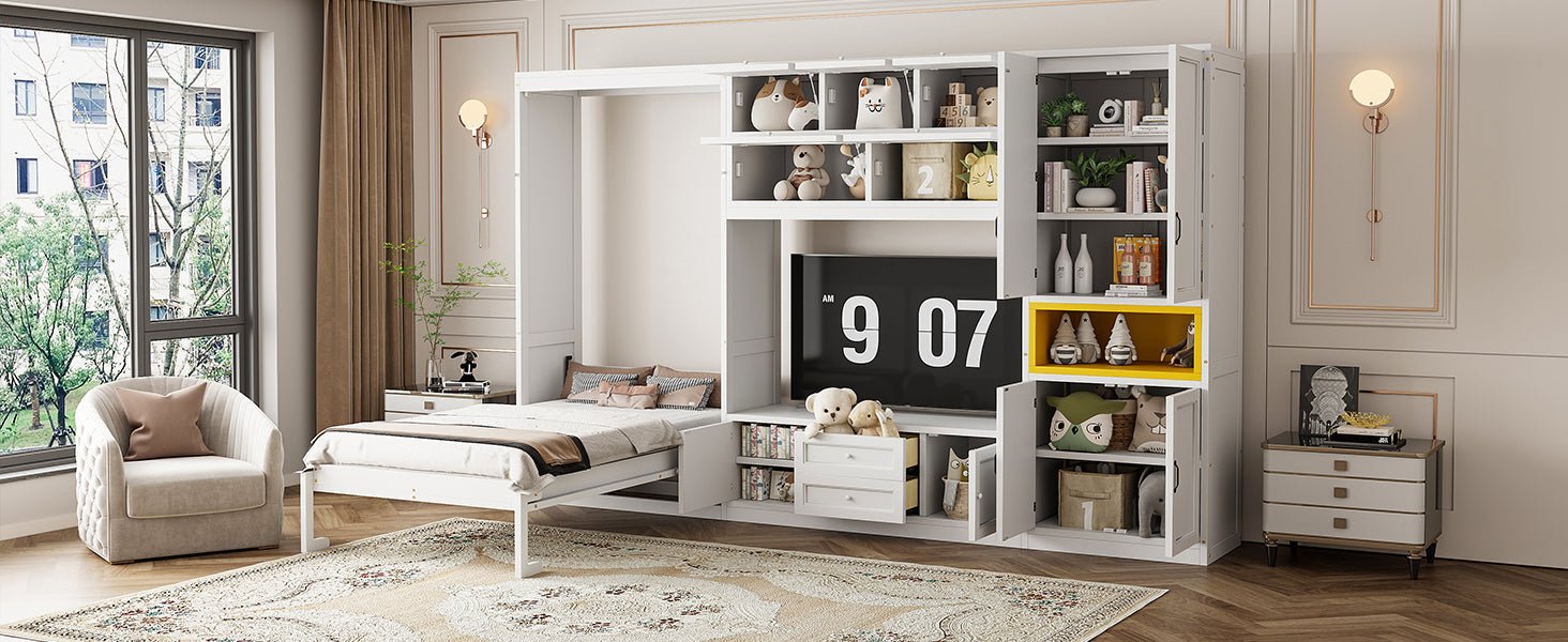 Solid white twin size Murphy bed with integrated TV stand, two drawers, and cabinets by Anthony & Home.