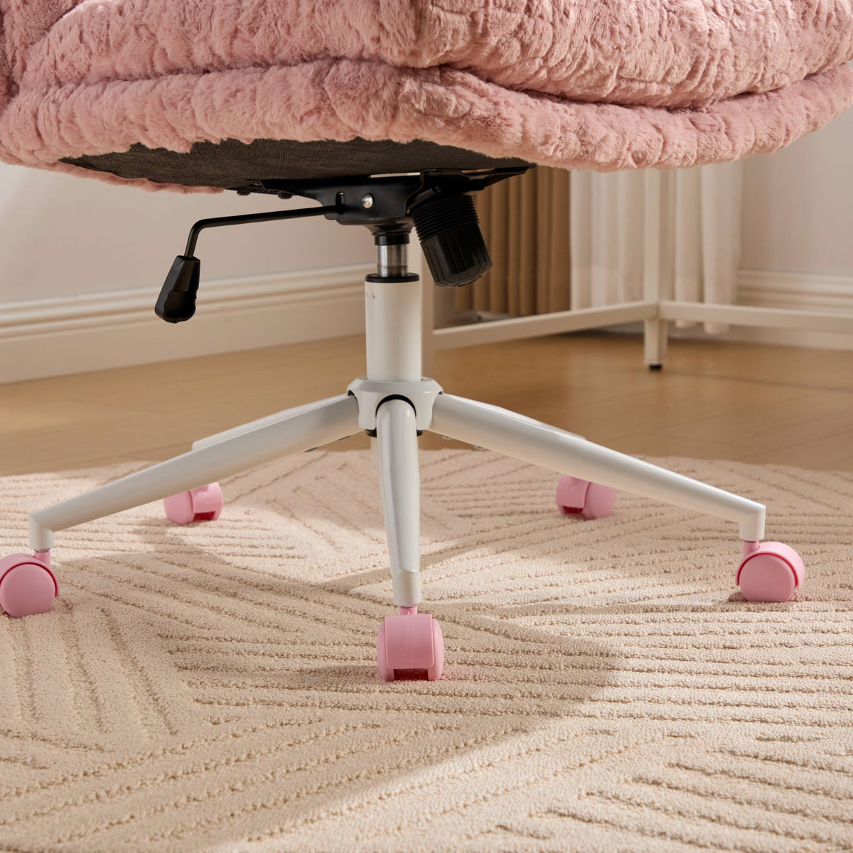 Anthony & Home Studio Pink faux rabbit hair office chair with wide 26.4-inch seat and metal base, stylish and comfortable for workspace.