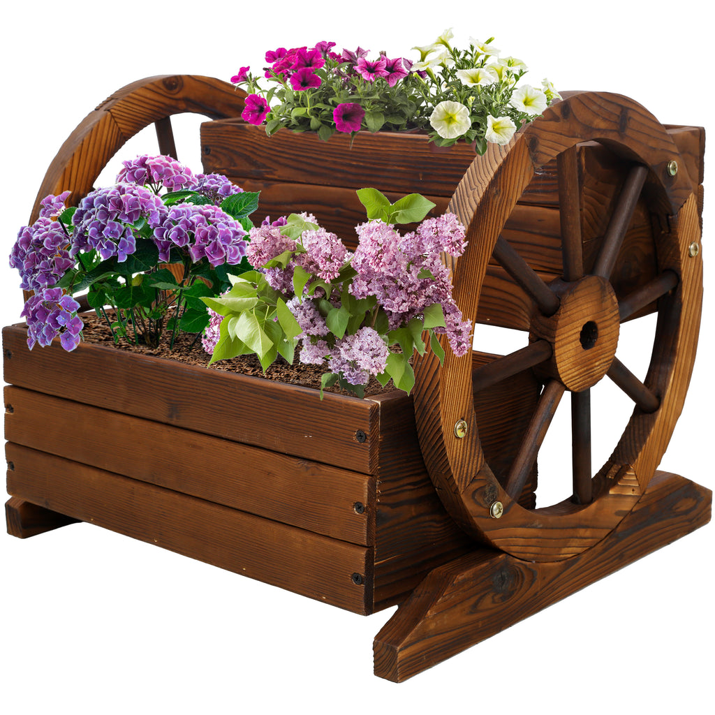 Solid wood studio wagon planter with wheels, perfect for flowers, herbs, and vegetables in indoor or outdoor garden decor.