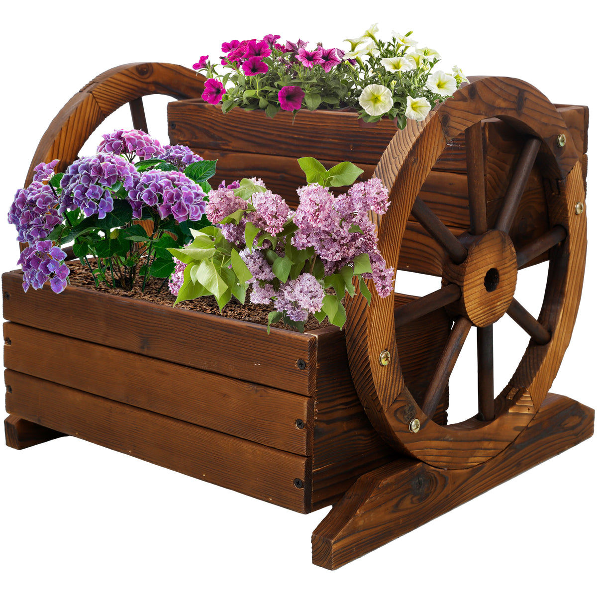 Solid wood studio wagon planter with wheels, perfect for flowers, herbs, and vegetables in indoor or outdoor garden decor.