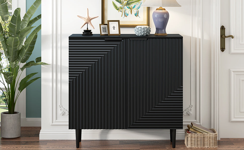 Anthony & Home Mirod Atelier side cabinet with geometric-patterned doors, modern wooden storage furniture.