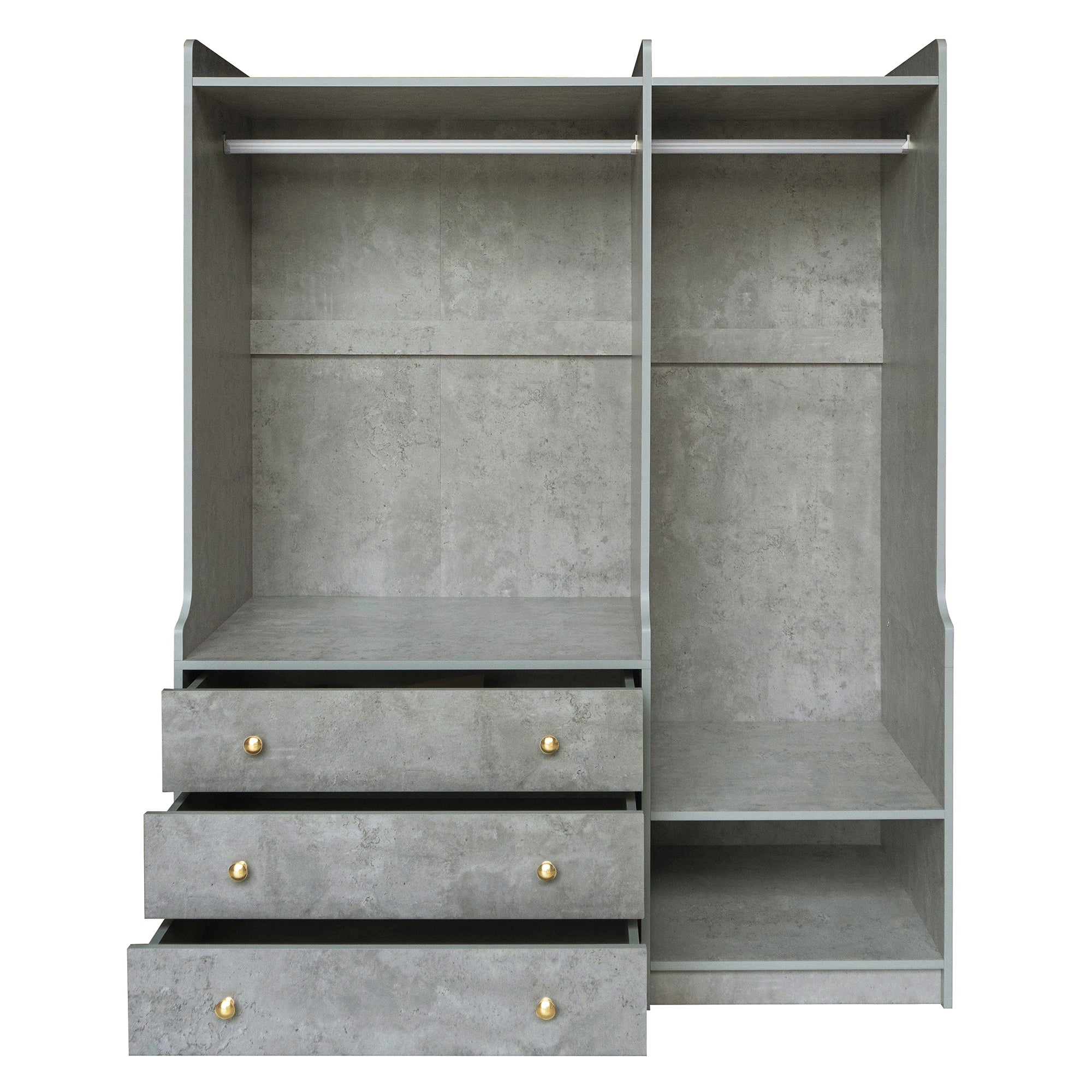 Open grey wooden wardrobe from Anthony & Home with dual hanging rods, showcasing spacious interior and modern design.