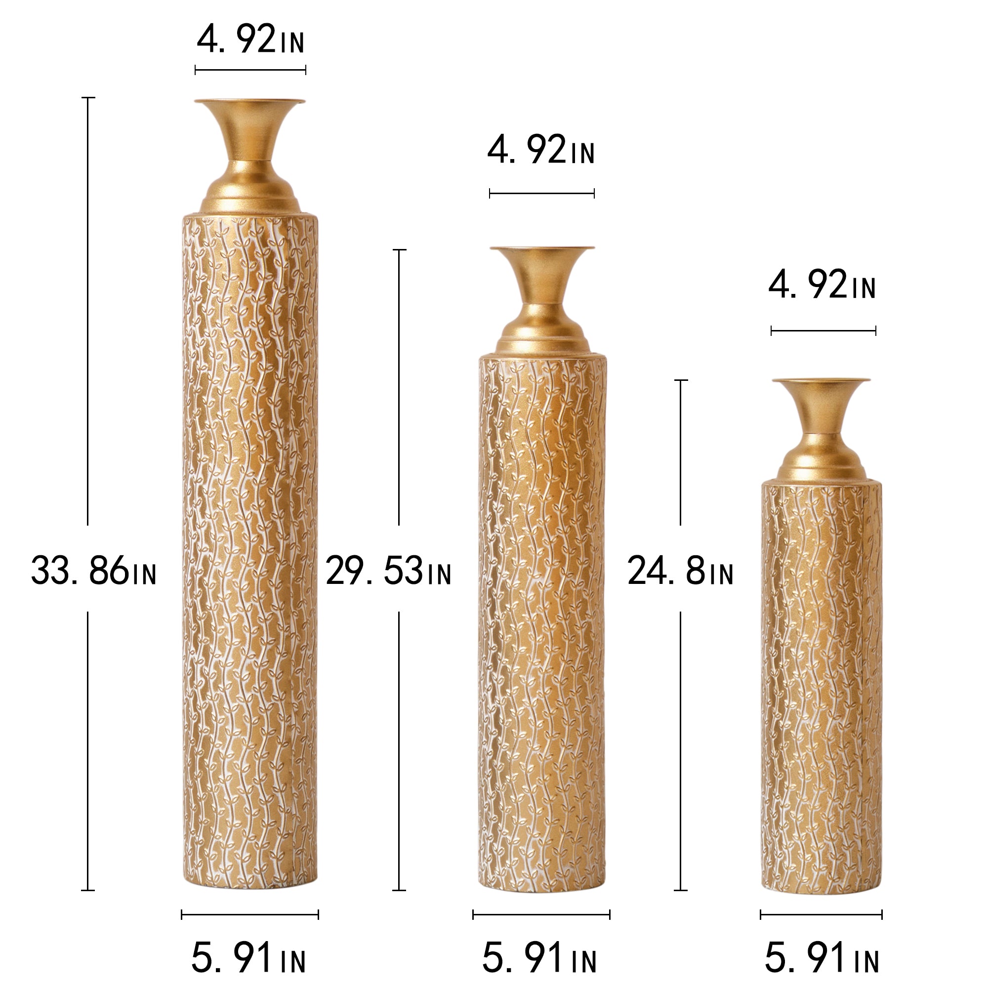 Set of three Heritage Collection gold distressed metal vases by Anthony & Home with growing vine pattern for living room decor.