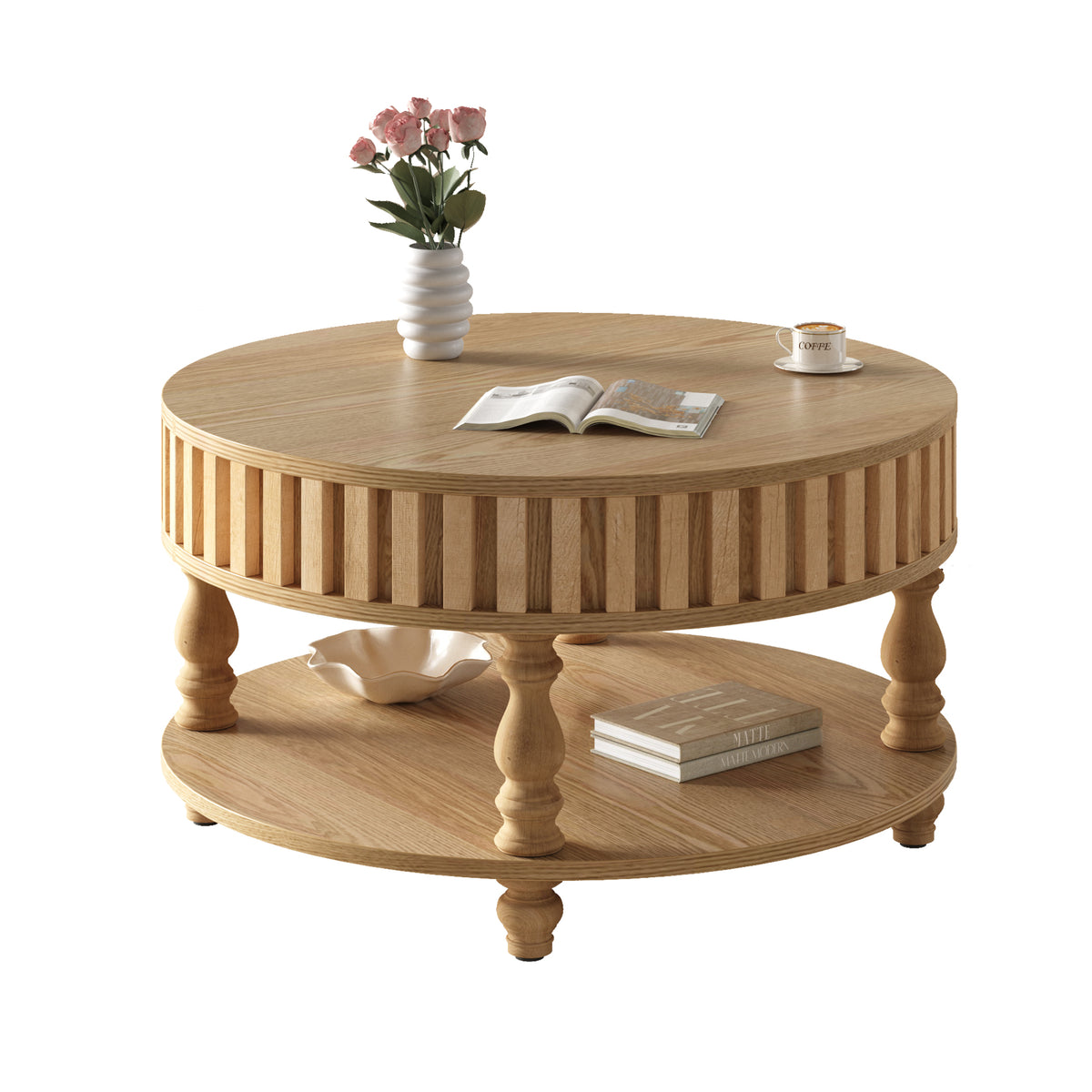 Mid-century fluted coffee table with storage in natural oak finish from Anthony & Home's Atelier Collection, featuring sleek design and wood texture.