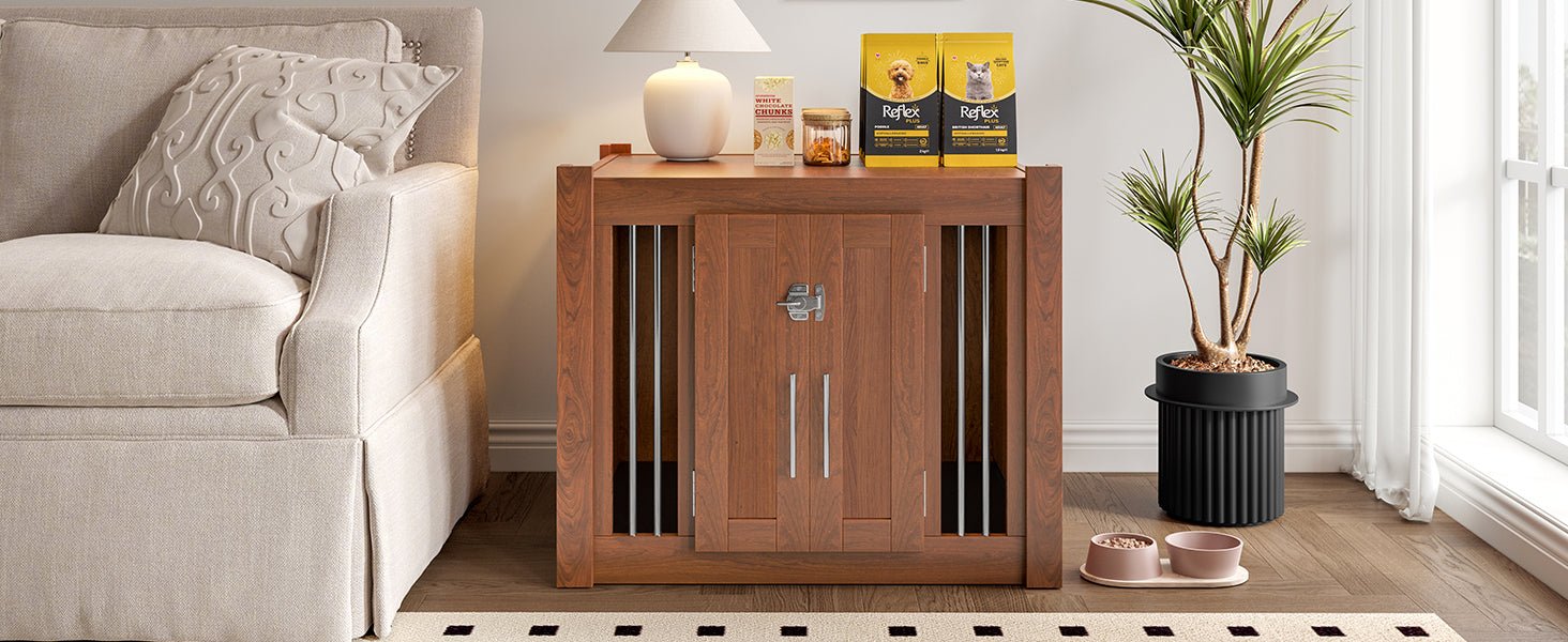 Walnut 2-in-1 nightstand and kennel from Anthony & Home's Atelier Collection, featuring a sleek wooden design with storage and pet space.