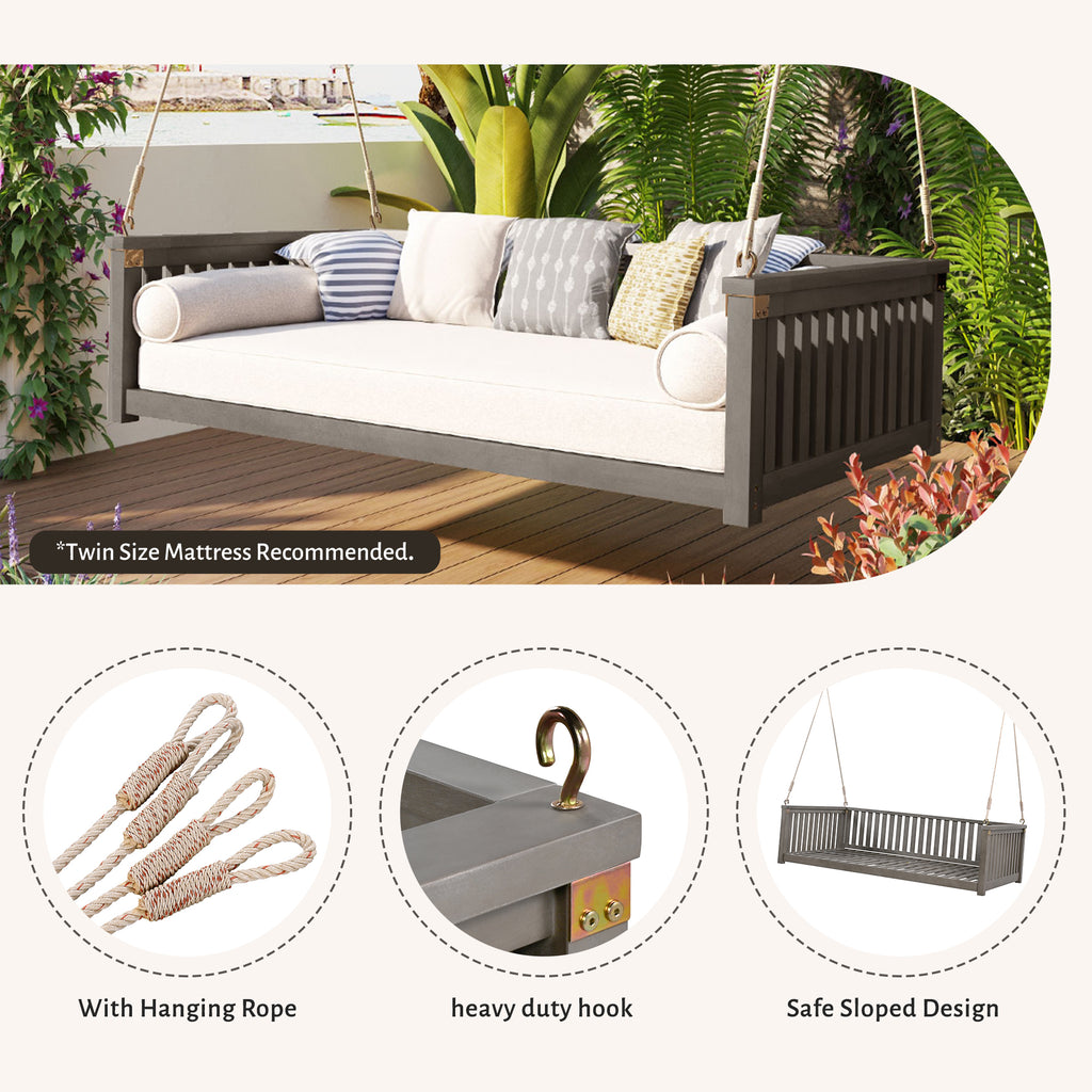 Twin size solid wood garden swing bed with rope support, designed for outdoor relaxation by Anthony & Home.