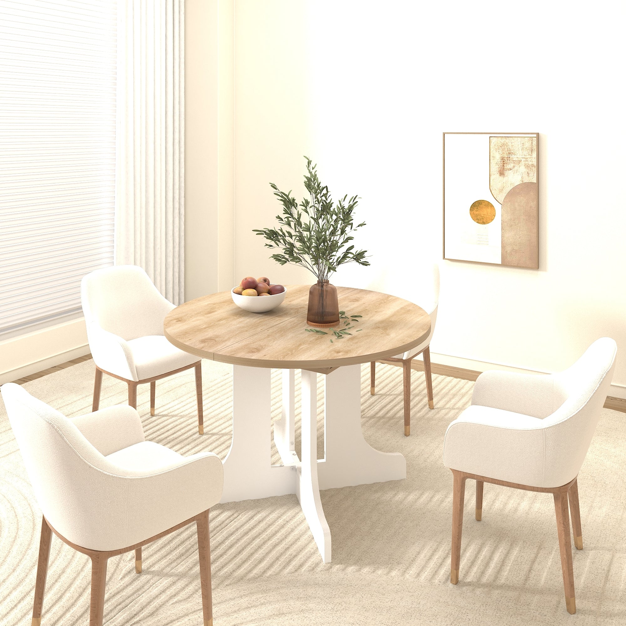 White Oak Edition oval dining table with expandable leaf from Anthony & Home, showcasing a smooth wooden surface and elegant design.