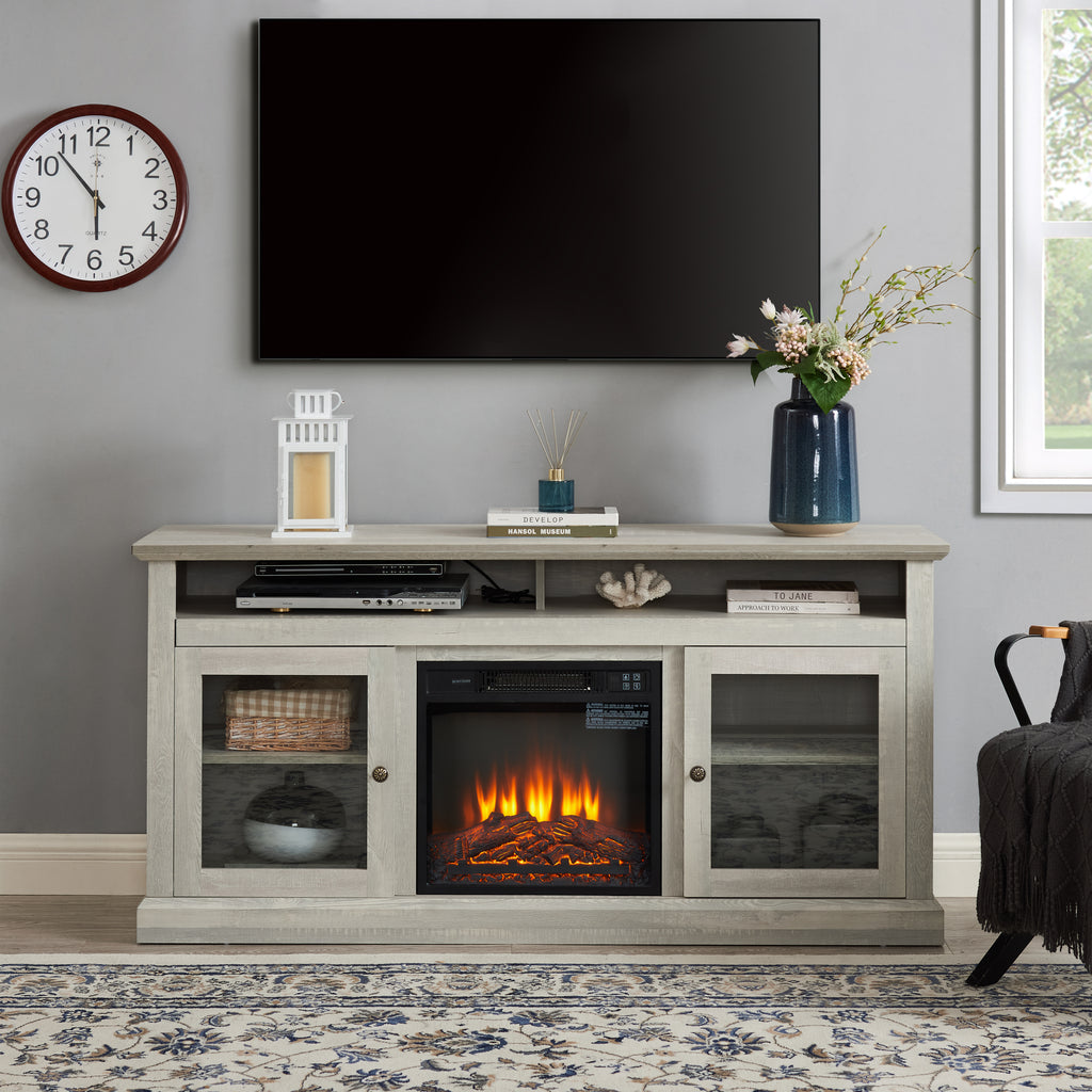 Stone gray finish Anthony & Home studio TV media console with built-in fireplace, showcasing modern design and ample storage space.