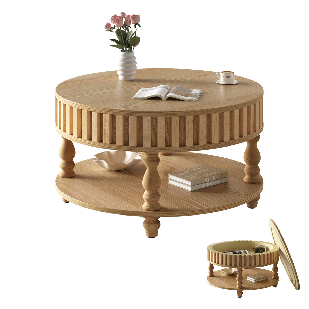 Mid-century fluted coffee table with storage in natural oak finish from Anthony & Home Atelier Collection.