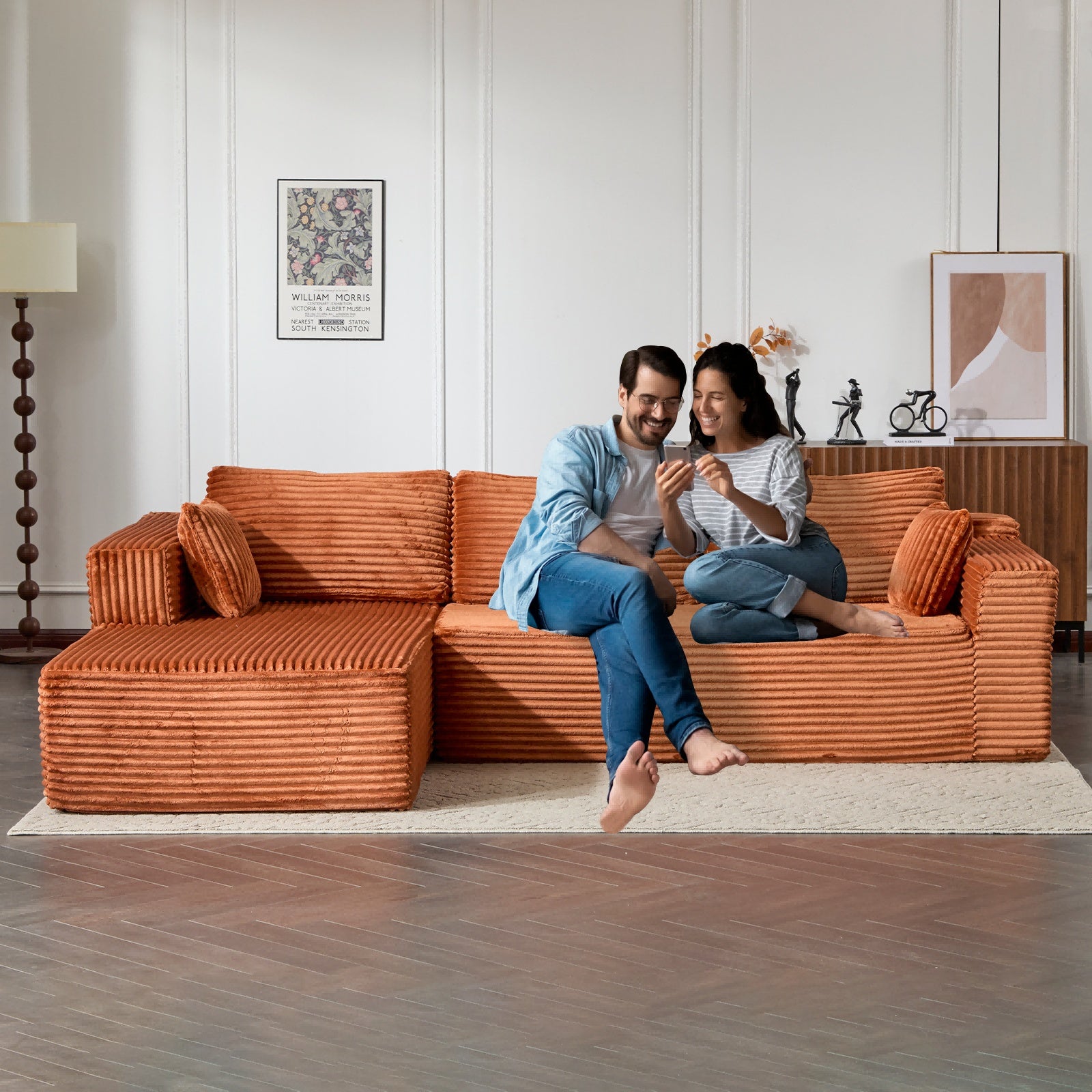 Corduroy Brown Modular Sectional Sofa With Chaise Lounge