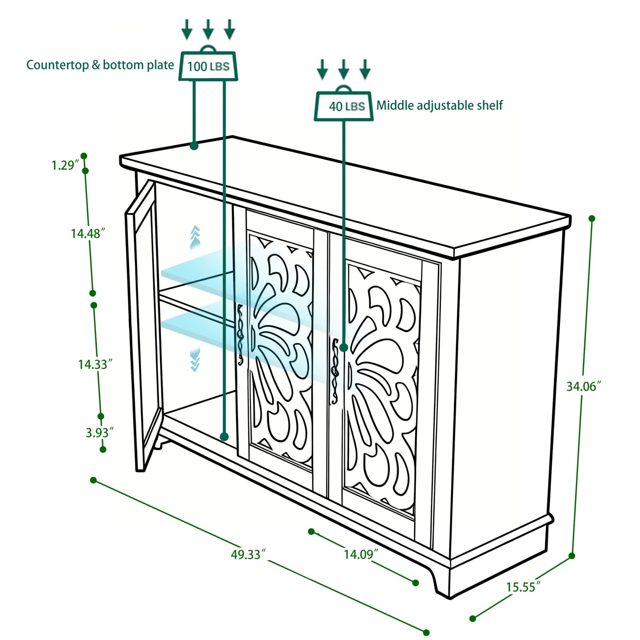 49.33' x 15.55' spacious size countertop Sideboard with 3 mirrored doors adjustable shelves buffet cabinet, storage cabinet for living room, bedroom, dinning room, kitchen, hallway closet - Anthony & Home