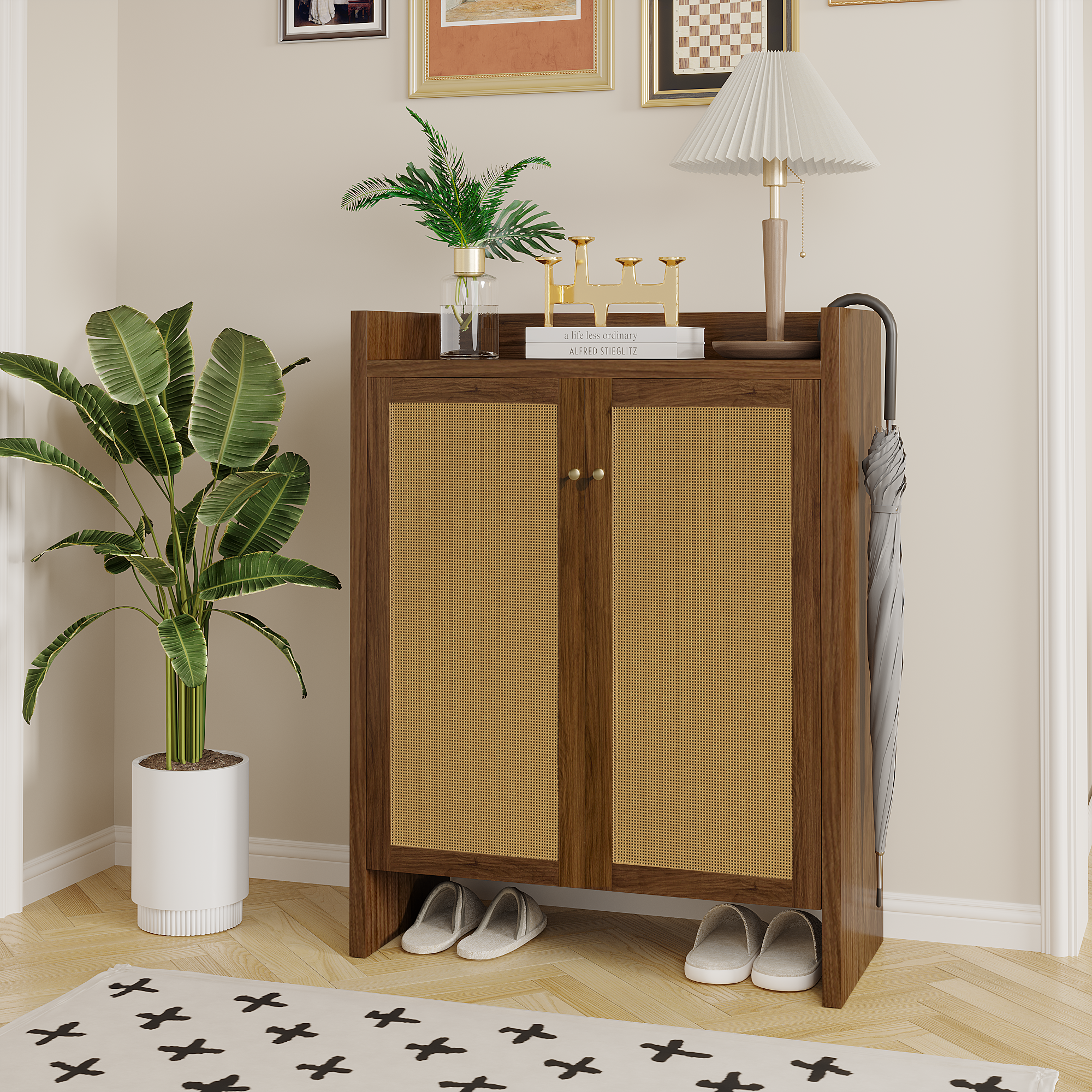 Walnut finish Anthony & Home 6-tier shoe cabinet with doors, freestanding entryway organizer in Signature Collection style