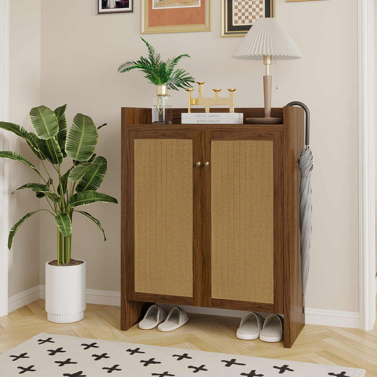 Walnut finish Anthony & Home 6-tier shoe cabinet with doors, freestanding entryway organizer in Signature Collection style