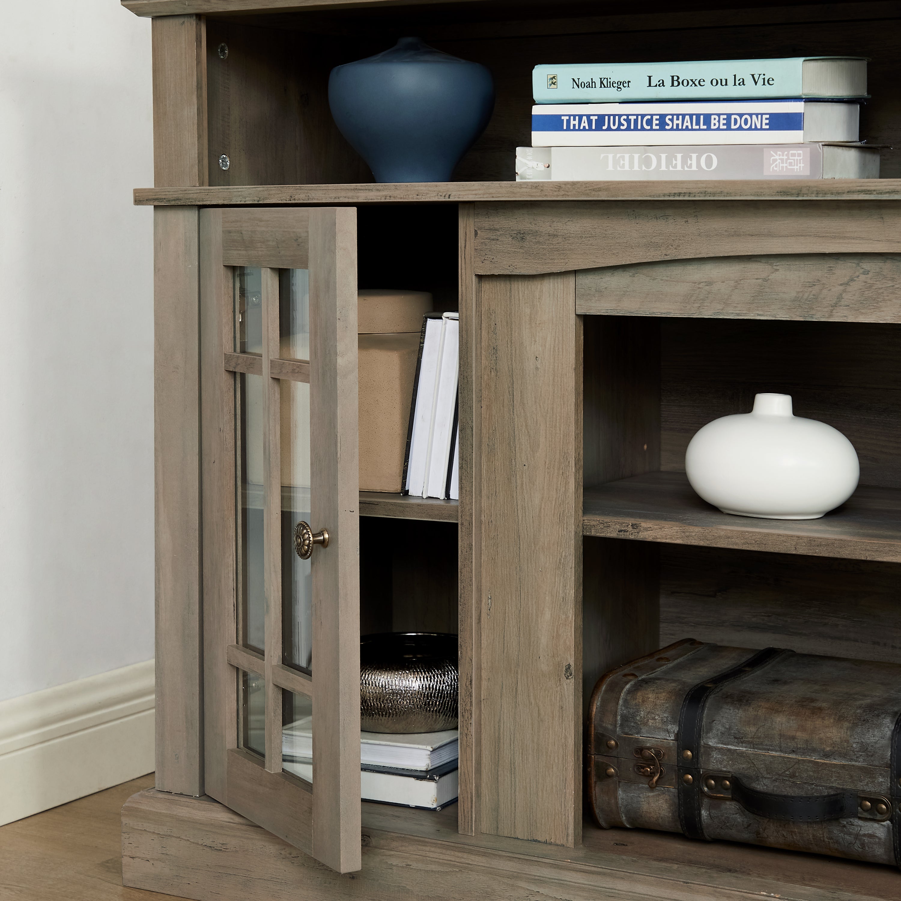 Anthony & Home gray wash finish television media console with sleek storage compartments and modern design.