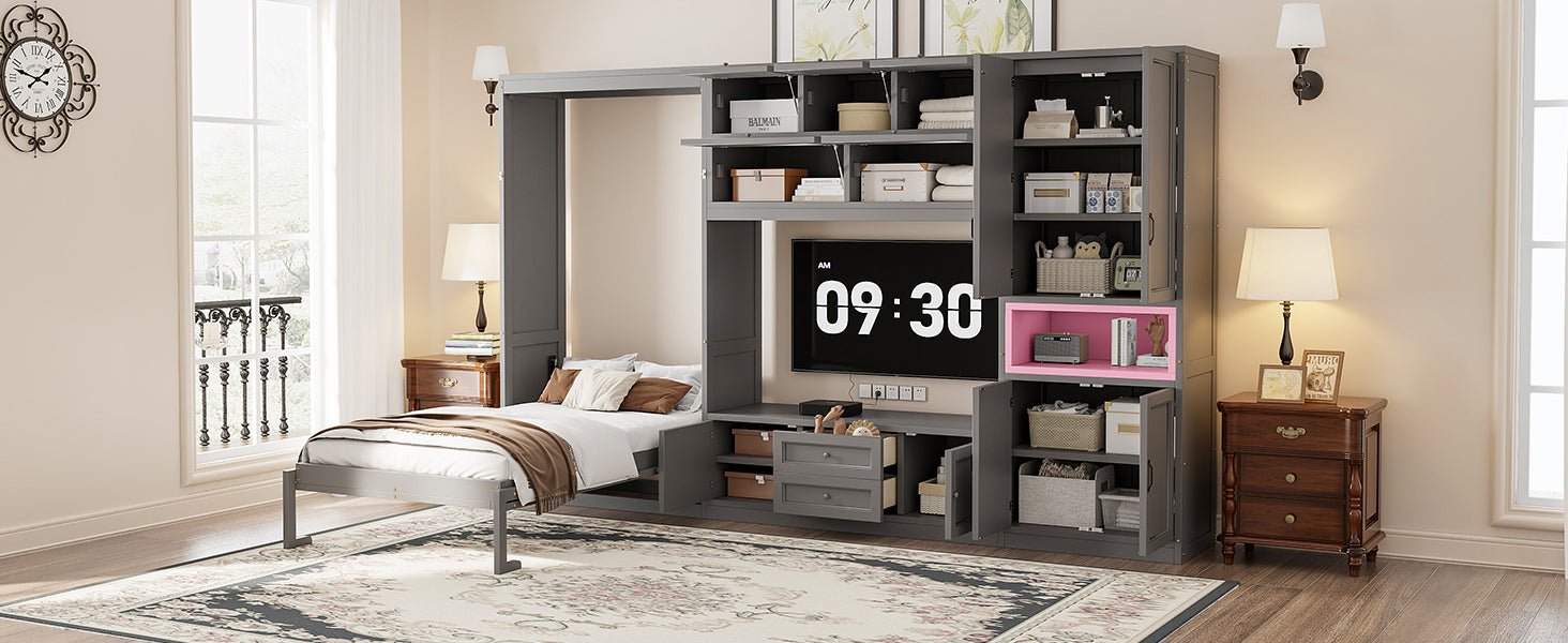 Gray solid wood Atelier Murphy Bed TV stand with drawers by Anthony & Home, featuring a sleek, modern design and ample storage space.
