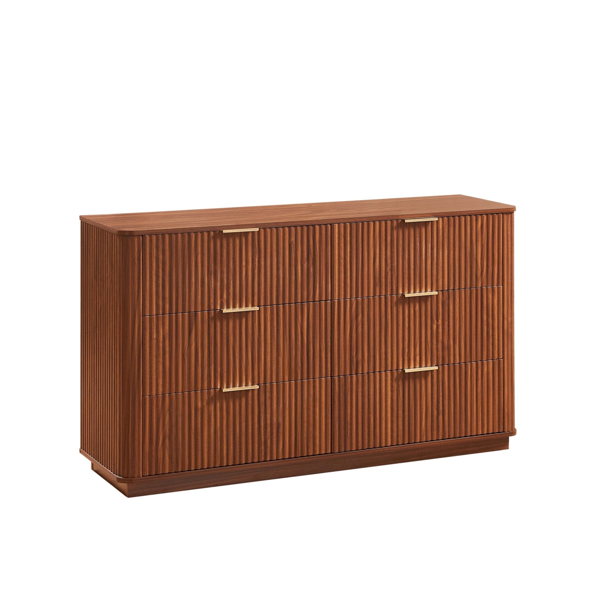 Walnut Wave six-drawer dresser TV stand by Anthony & Home with curved profile, 55-inch wide, part of Studio Collection.