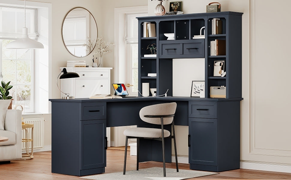 Anthony & Home L-shaped desk with power outlet, cabinets, drawers, shelves, and a flip shelf from the Atelier Collection.