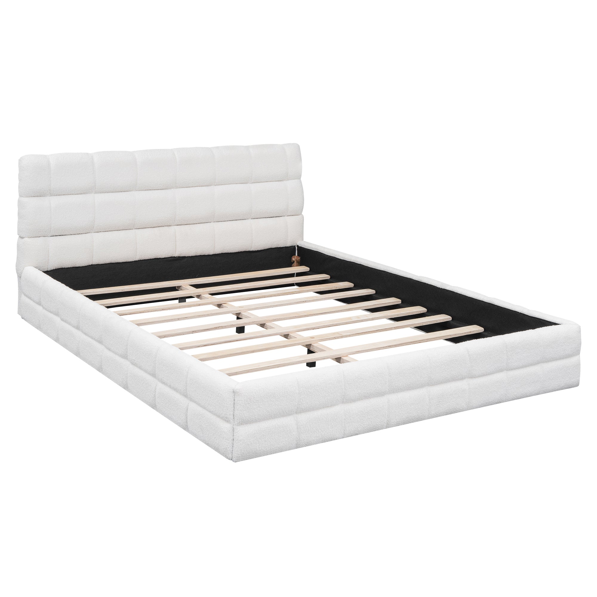 Queen platform bed with white velvet upholstery and wood frame from Anthony & Home, showcasing a modern bedroom setting.