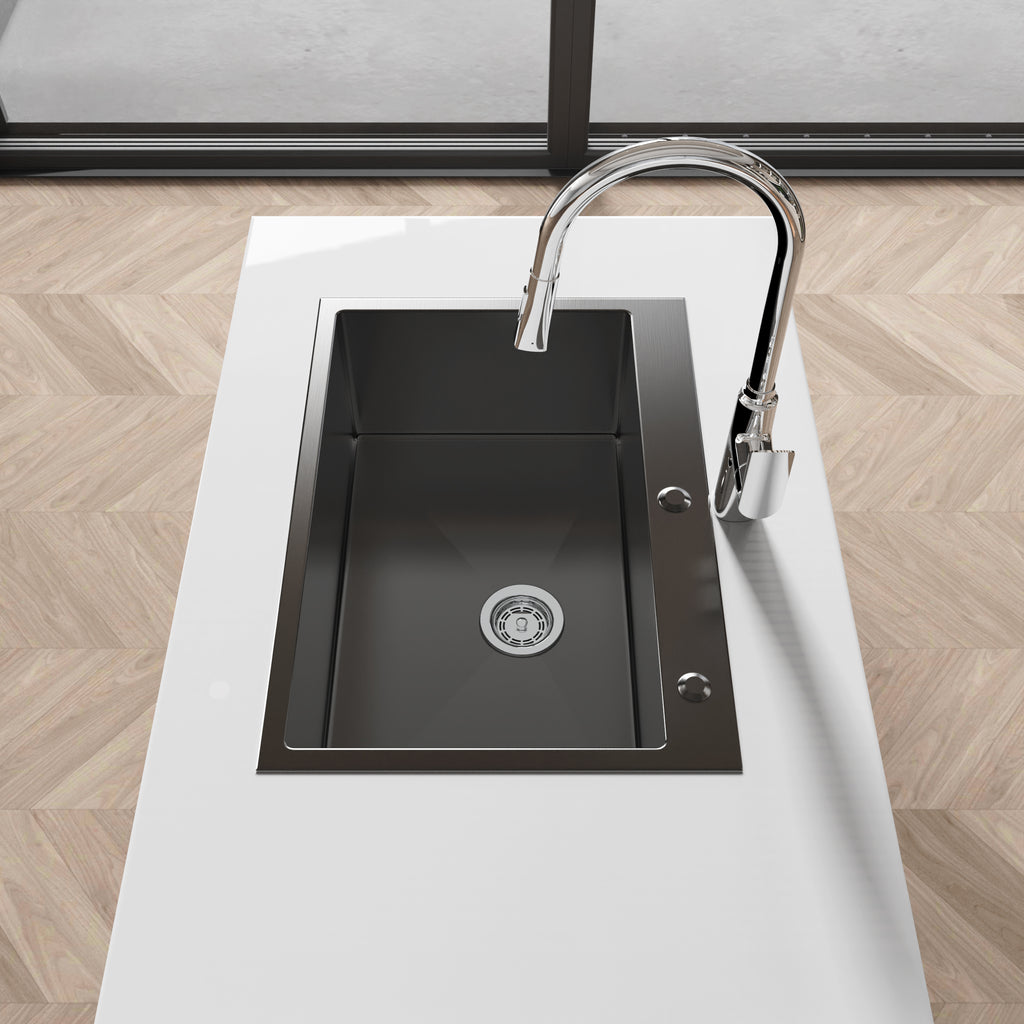 Handmade black stainless kitchen sink overmount by Anthony & Home showing deep basin and sleek modern design