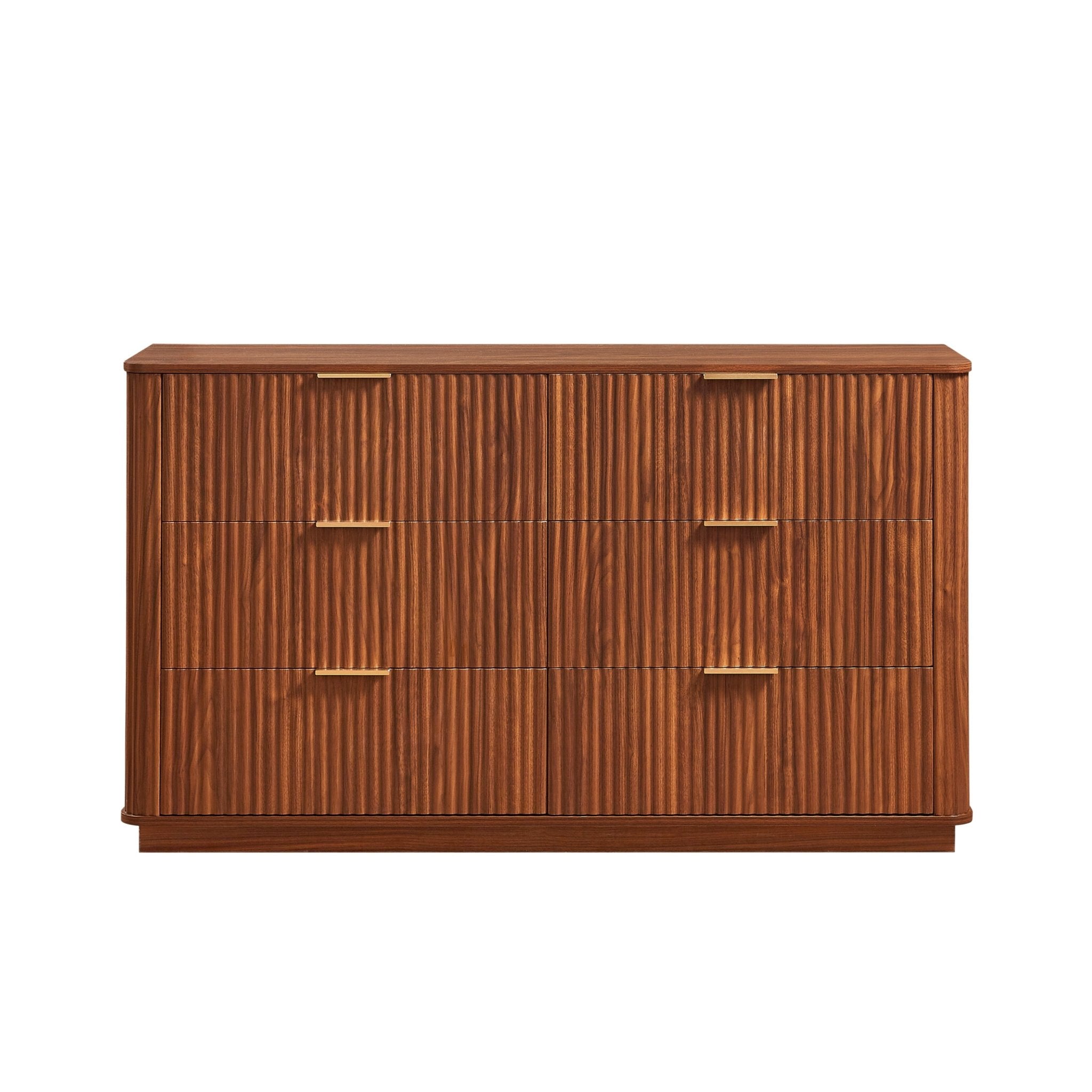 Walnut Wave six-drawer dresser and TV stand by Anthony & Home with a curved profile, 55-inch wide, part of Studio Collection