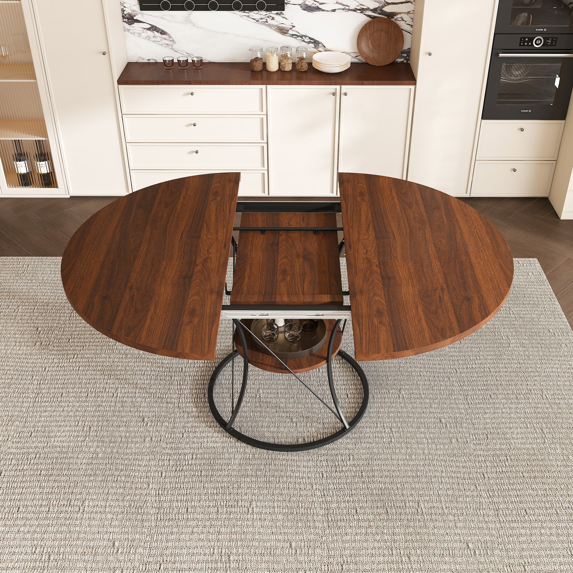 Anthony & Home studio round extendable dining table made of solid wood, showcasing its smooth surface and adjustable size.