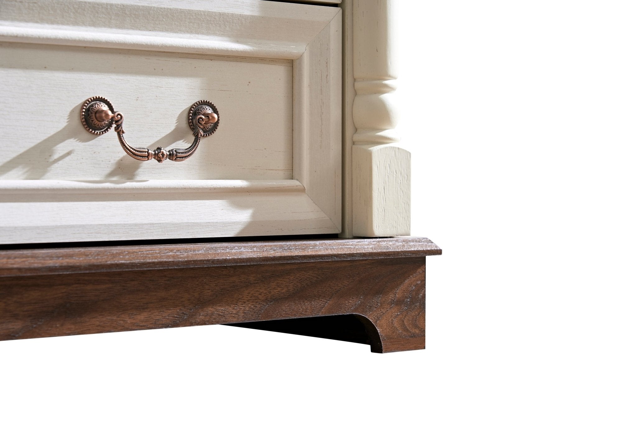 Walnut finish farmhouse 5-drawer dresser chest with plinth base from Anthony & Home Heritage Collection, showcasing wood grain and classic design.