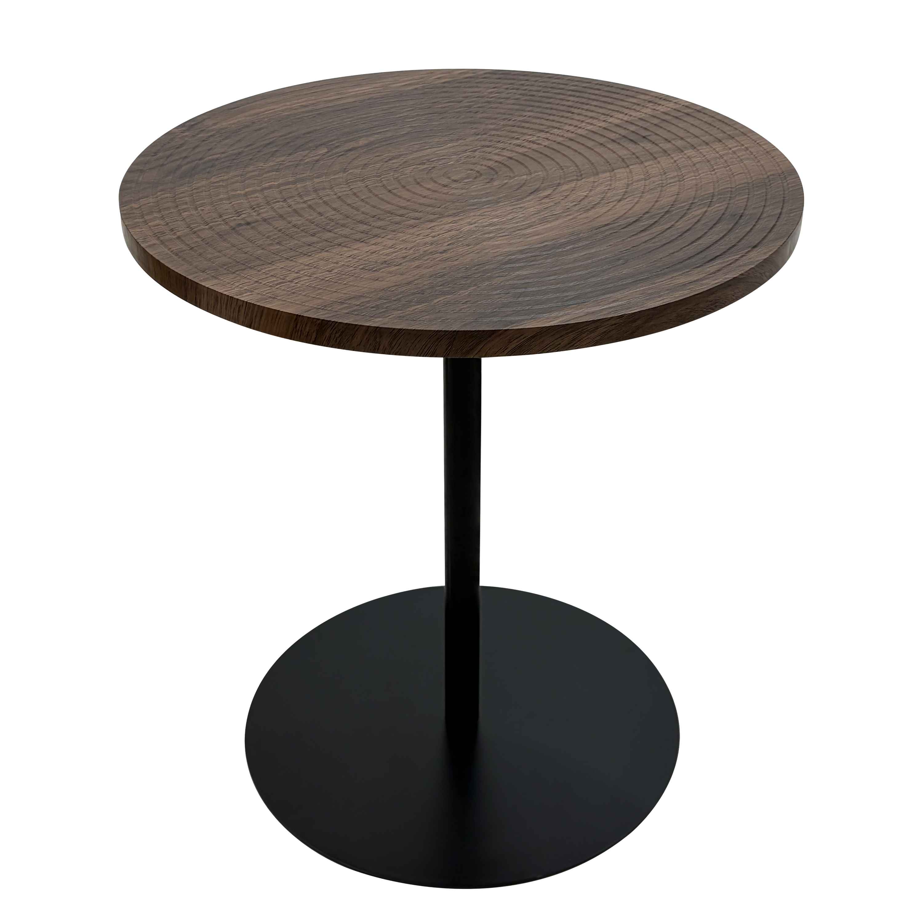 Set of 2 walnut round side tables with black metal pedestal bases featuring concentric design by Anthony & Home.