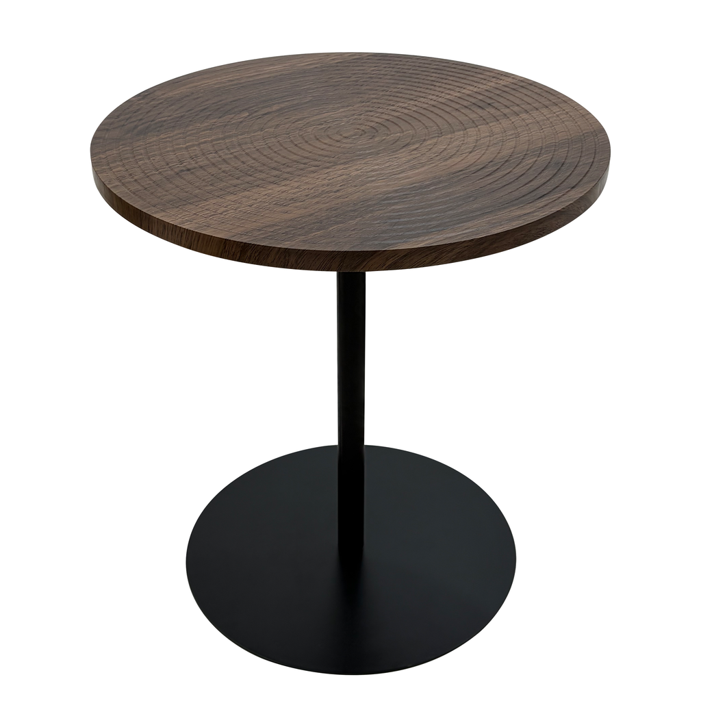 Set of 2 walnut round side tables with black metal pedestal bases featuring concentric design by Anthony & Home.