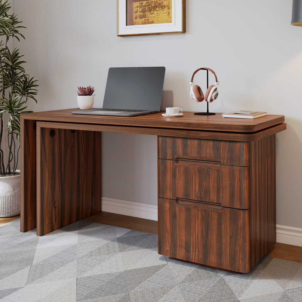 Walnut L-shaped desk with 3 drawers, featuring 360-degree rotation, from Anthony & Home Atelier collection.