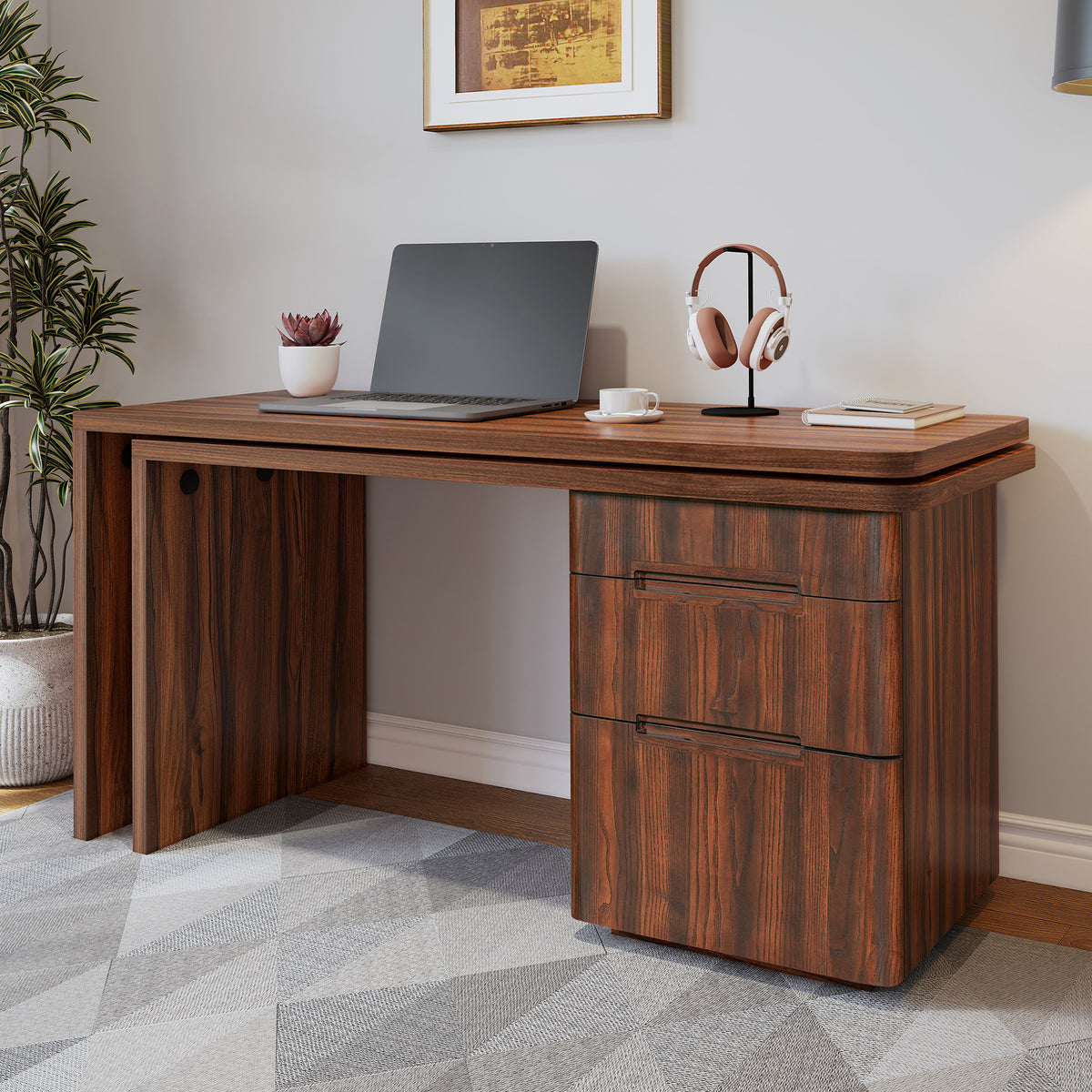 Walnut L-shaped desk with 3 drawers, featuring 360-degree rotation, from Anthony & Home Atelier collection.