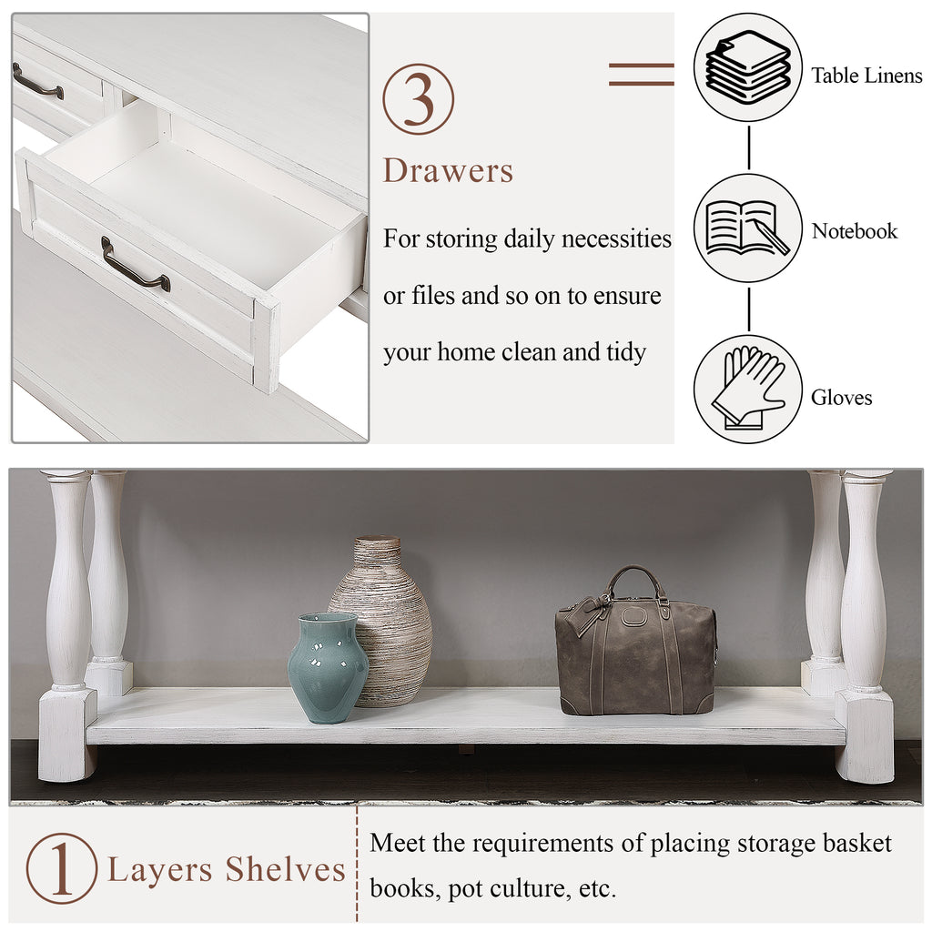 Antique white wood console table by Anthony & Home with 63-inch length, three drawers, bottom shelf, and easy assembly.