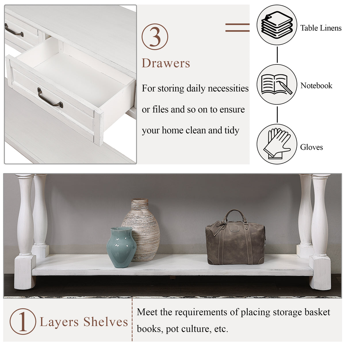 Antique white wood console table by Anthony & Home with 63-inch length, three drawers, bottom shelf, and easy assembly.