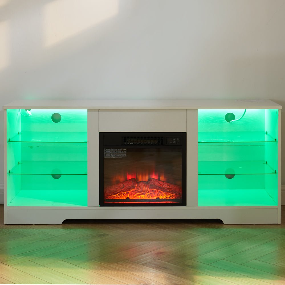 Anthony & Home electric fireplace TV stand with glass shelves, featuring a modern design and integrated heating unit.